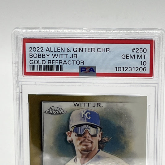 2022 Topps Allen & Ginter Chrome - Bobby Witt Jr. #250 (RC) PSA 10 2022 Topps Allen & Ginter Chrome Bobby Witt Jr, Bobby Witt Jr Rookie Card PSA 10, Gold Refractor Bobby Witt Jr RC, PSA 10 Bobby Witt Jr Allen & Ginter, Topps Chrome RC #250, Kansas City Royals rookie card, short print Bobby Witt Jr, 15/50 Gold Refractor baseball card, PSA graded Topps RC, Bobby Witt Jr Chrome rookie