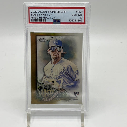 2022 Topps Allen & Ginter Chrome - Bobby Witt Jr. #250 (RC) PSA 10 2022 Topps Allen & Ginter Chrome Bobby Witt Jr, Bobby Witt Jr Rookie Card PSA 10, Gold Refractor Bobby Witt Jr RC, PSA 10 Bobby Witt Jr Allen & Ginter, Topps Chrome RC #250, Kansas City Royals rookie card, short print Bobby Witt Jr, 15/50 Gold Refractor baseball card, PSA graded Topps RC, Bobby Witt Jr Chrome rookie