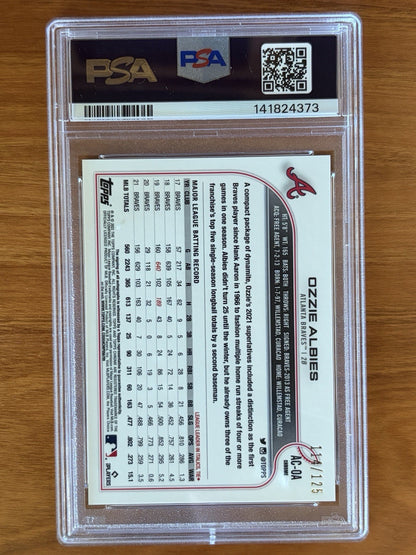 Back of 2022 Topps Chrome Update Ozzie Albies X-Fractor autograph card numbered 119 of 125 graded PSA 9 with PSA Auto 10 signature. 2022 Topps Chrome Update Autographs Ozzie Albies X-Factor PSA 9 Numbered /125