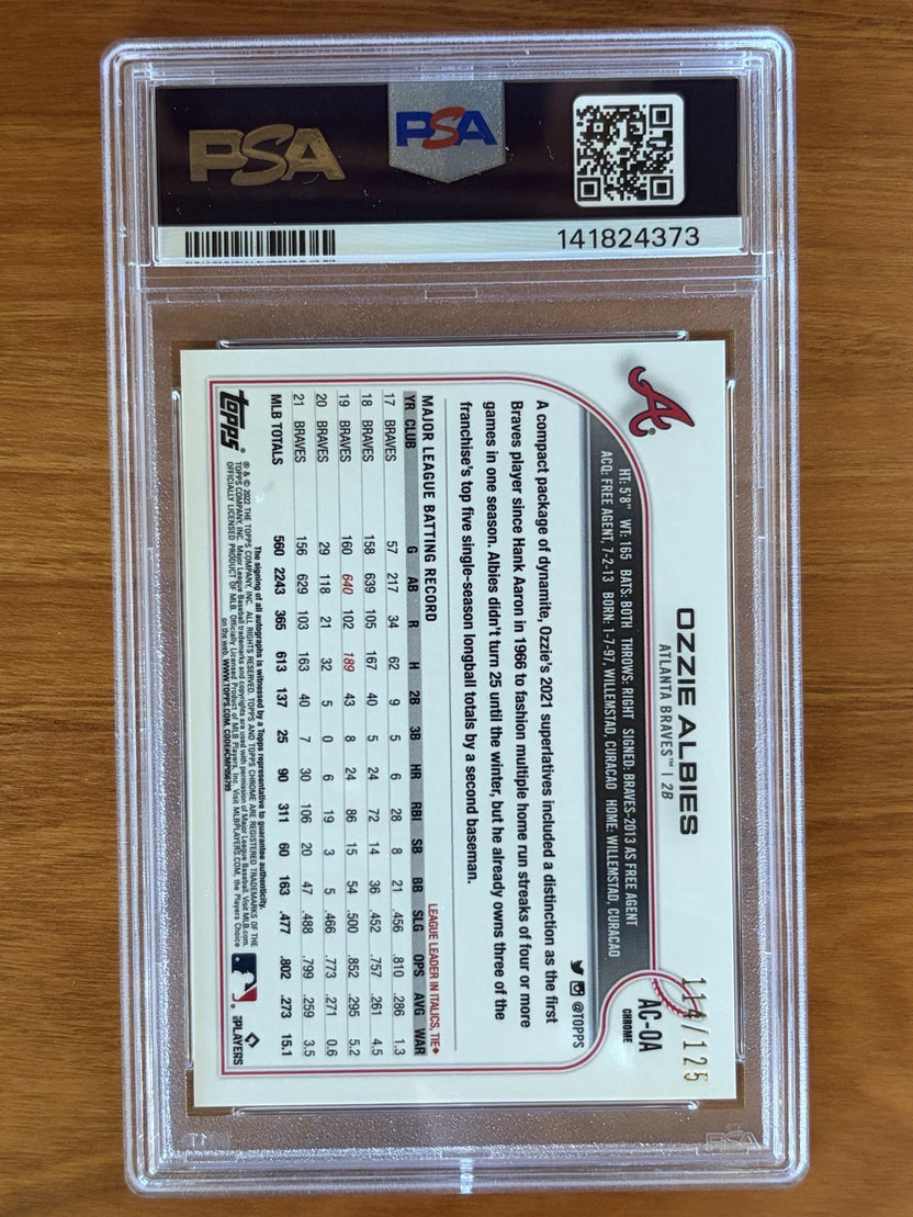 Back of 2022 Topps Chrome Update Ozzie Albies X-Fractor autograph card numbered 119 of 125 graded PSA 9 with PSA Auto 10 signature. 2022 Topps Chrome Update Autographs Ozzie Albies X-Factor PSA 9 Numbered /125