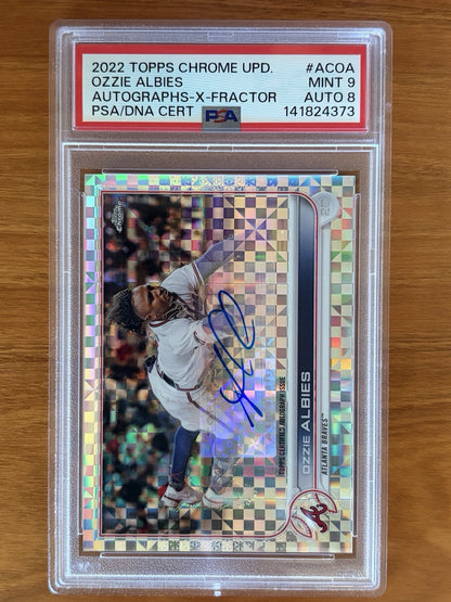 2022 Topps Chrome Update Ozzie Albies X-Fractor autograph card numbered 119 of 125 graded PSA 9 with PSA Auto 10 signature. 2022 Topps Chrome Update Autographs Ozzie Albies X-Factor PSA 9 Numbered /125
