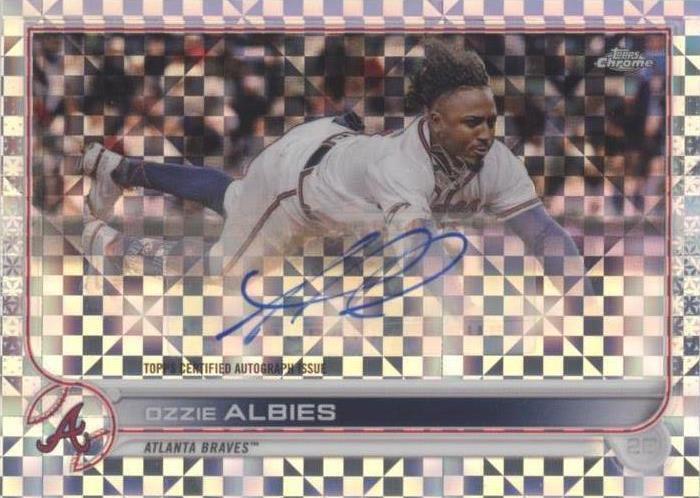 Close-up of Ozzie Albies autograph on 2022 Topps Chrome Update X-Fractor baseball card numbered 119 of 125. 2022 Topps Chrome Update Autographs Ozzie Albies X-Factor PSA 9 Numbered /125