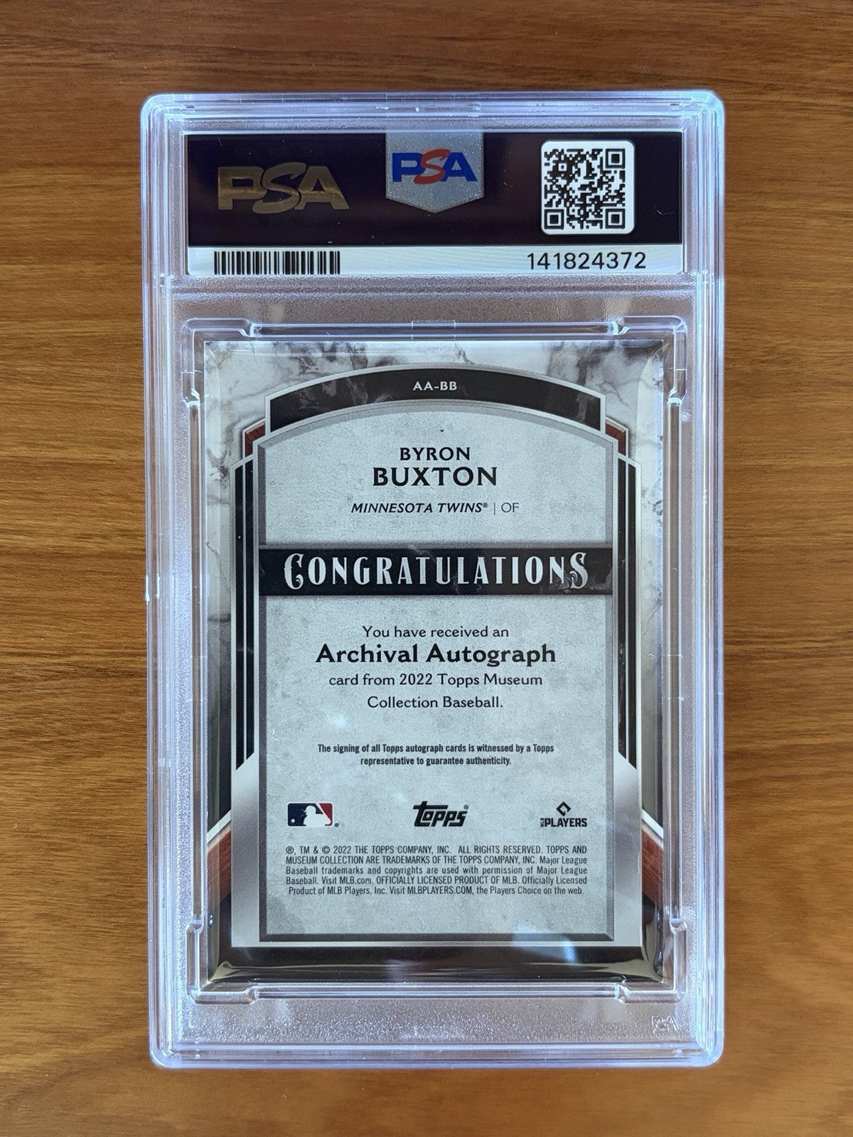Back of 2022 Topps Museum Collection Archival Autographs Byron Buxton card numbered 042 of 125 graded PSA 8 with PSA Auto 10 signature. 2022 Topps Museum - Archival Autographs Byron Buxton /125 PSA 8 Auto 10