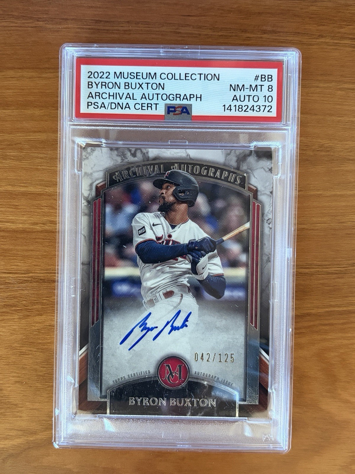 2022 Topps Museum Collection Archival Autographs Byron Buxton signed baseball card numbered 042 of 125 graded PSA 8 with PSA Auto 10 signature. 2022 Topps Museum - Archival Autographs Byron Buxton /125 PSA 8 Auto 10