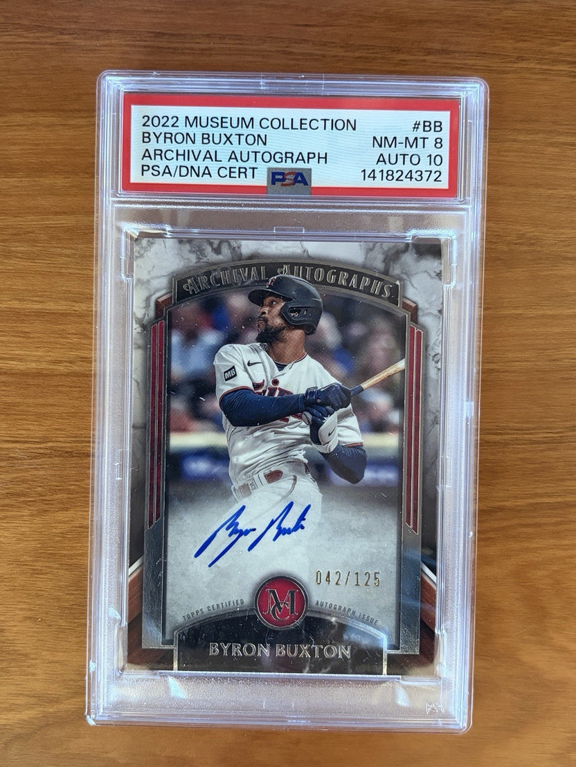 2022 Topps Museum Collection Archival Autographs Byron Buxton signed baseball card numbered 042 of 125 graded PSA 8 with PSA Auto 10 signature. 2022 Topps Museum - Archival Autographs Byron Buxton /125 PSA 8 Auto 10