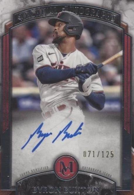 Close-up of Byron Buxton autograph on 2022 Topps Museum Collection Archival Autographs baseball card numbered 071 of 125. 2022 Topps Museum - Archival Autographs Byron Buxton /125 PSA 8 Auto 10