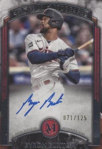 Close-up of Byron Buxton autograph on 2022 Topps Museum Collection Archival Autographs baseball card numbered 071 of 125. 2022 Topps Museum - Archival Autographs Byron Buxton /125 PSA 8 Auto 10