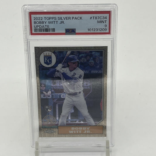 2022 Topps Silver Pack Bobby Witt Jr Update T87C34 MINT PSA 9 ROOKIE RC 2022 Topps Silver Pack Bobby Witt Jr, Bobby Witt Jr Rookie Card PSA 9, Topps Update T87C34 RC, PSA graded baseball cards, Kansas City Royals rookie card, Bobby Witt Jr RC silver pack, PSA 9 Bobby Witt Jr Topps, Topps 2022 Bobby Witt Jr rookie, rare Bobby Witt Jr trading card, Topps Silver Pack RC card