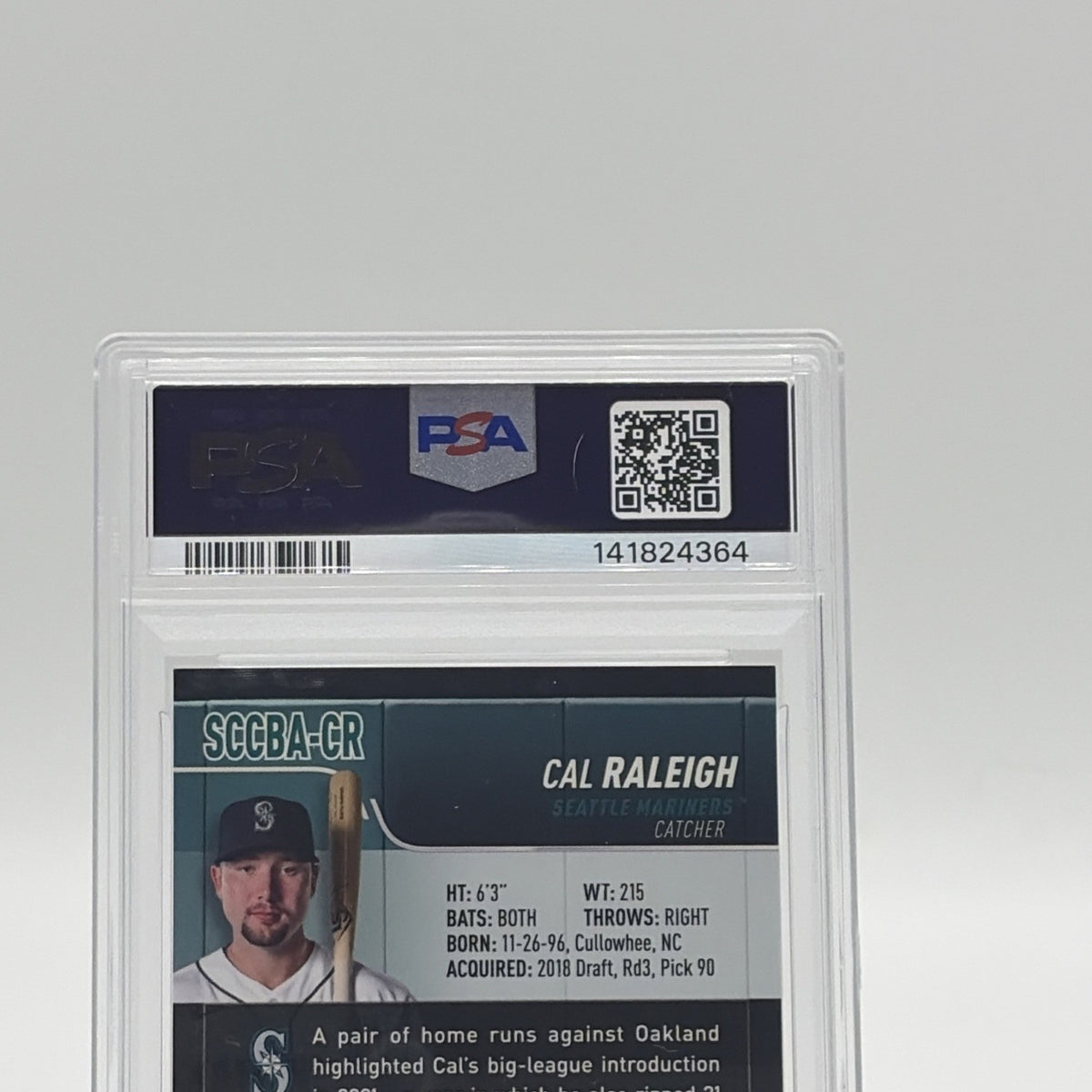 Close-up of the PSA Gem Mint 10 and Auto 10 certification label for a 2022 Topps Stadium Club Chrome Cal Raleigh rookie autograph card.