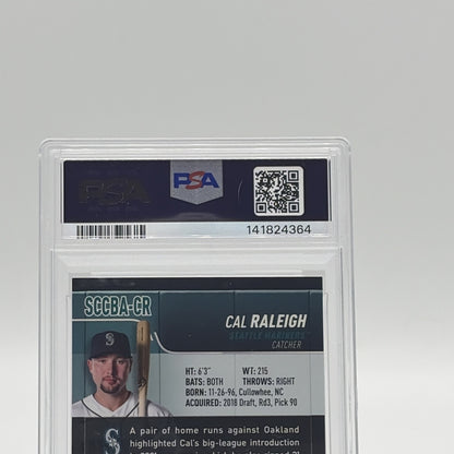 Close-up of the PSA Gem Mint 10 and Auto 10 certification label for a 2022 Topps Stadium Club Chrome Cal Raleigh rookie autograph card.