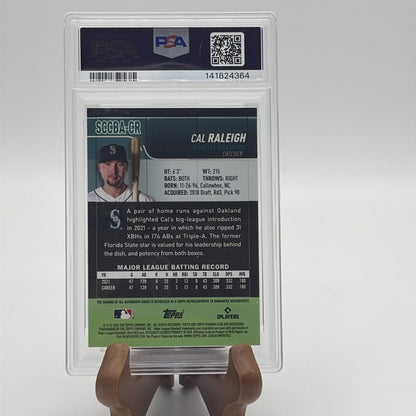 Back of a PSA-graded 2022 Topps Stadium Club Chrome Cal Raleigh rookie autograph card showing player biography and certification.