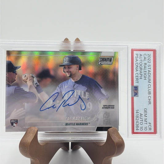PSA Gem Mint 10 2022 Topps Stadium Club Chrome Cal Raleigh rookie autograph card for the Seattle Mariners with Auto 10 grade.