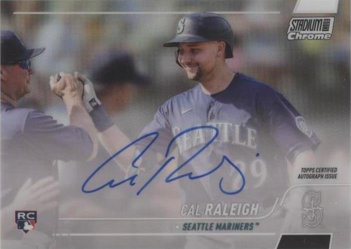  Gem Mint 10 2022 Topps Stadium Club Chrome Cal Raleigh rookie autograph card for the Seattle Mariners with Auto 10 grade.