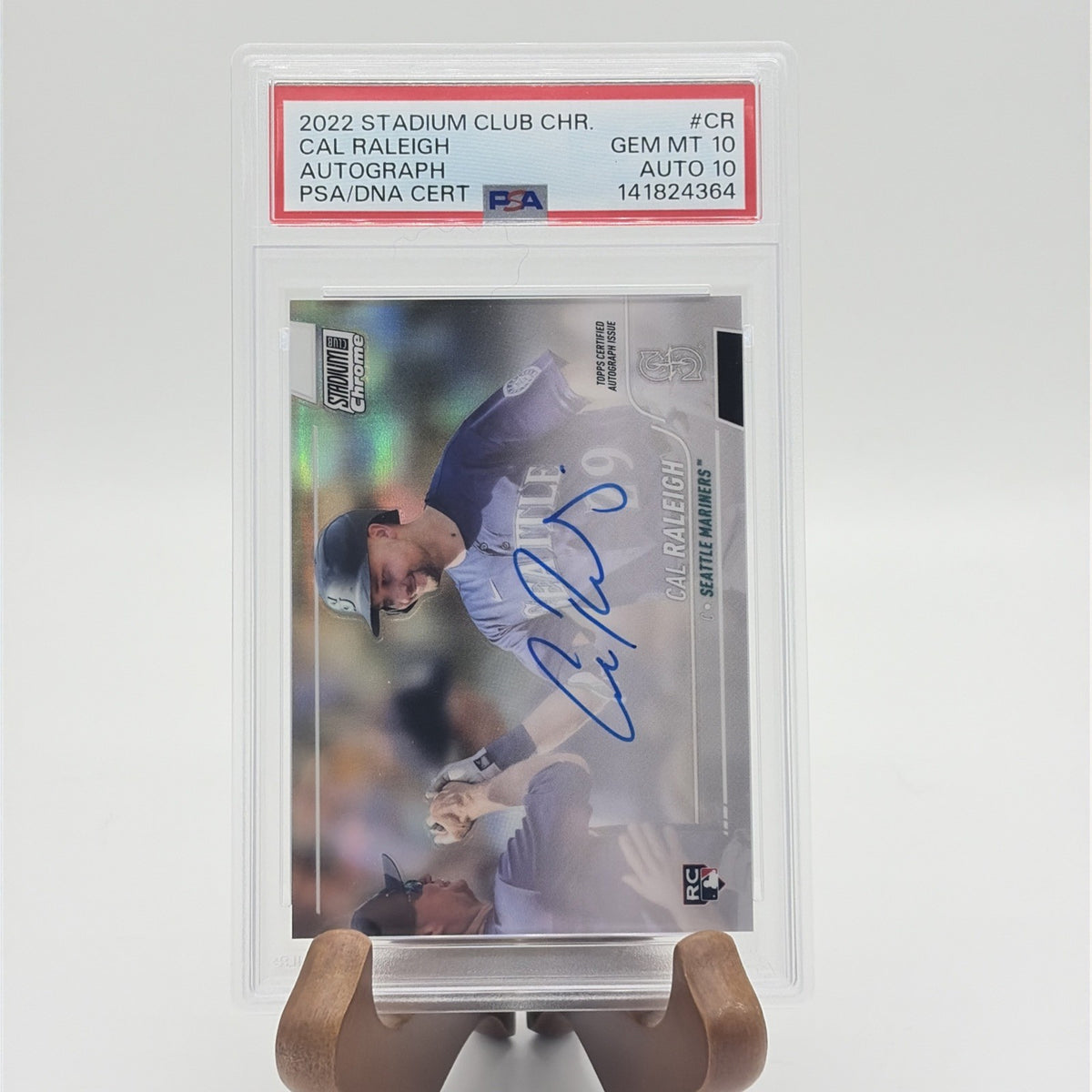 PSA Gem Mint 10 2022 Topps Stadium Club Chrome Cal Raleigh rookie autograph card for the Seattle Mariners with Auto 10 grade.