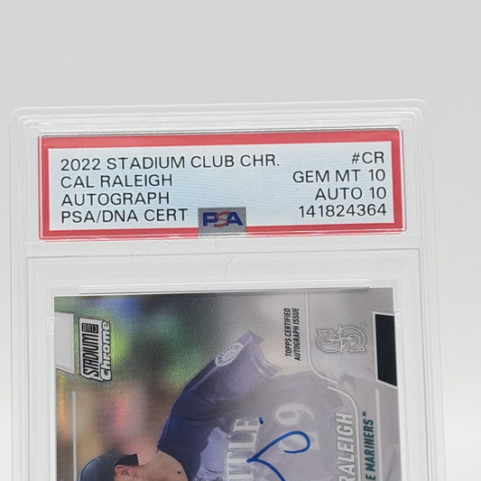 Close-up of the PSA Gem Mint 10 and Auto 10 certification label for a 2022 Topps Stadium Club Chrome Cal Raleigh rookie autograph card.