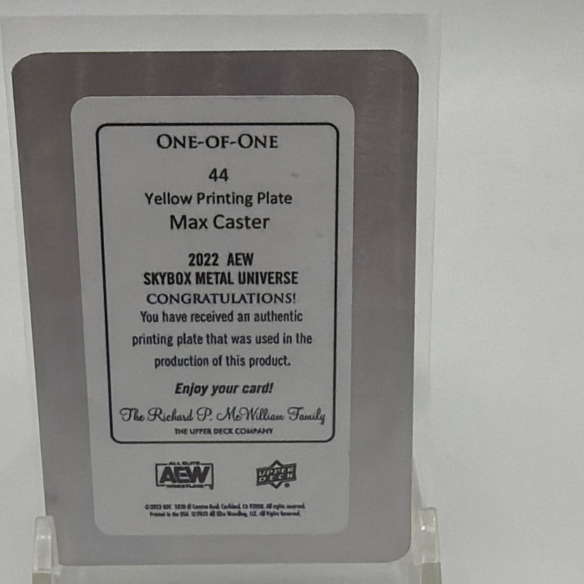 Back of Max Caster #44 Yellow Printing Plate identifying the card as a one-of-one