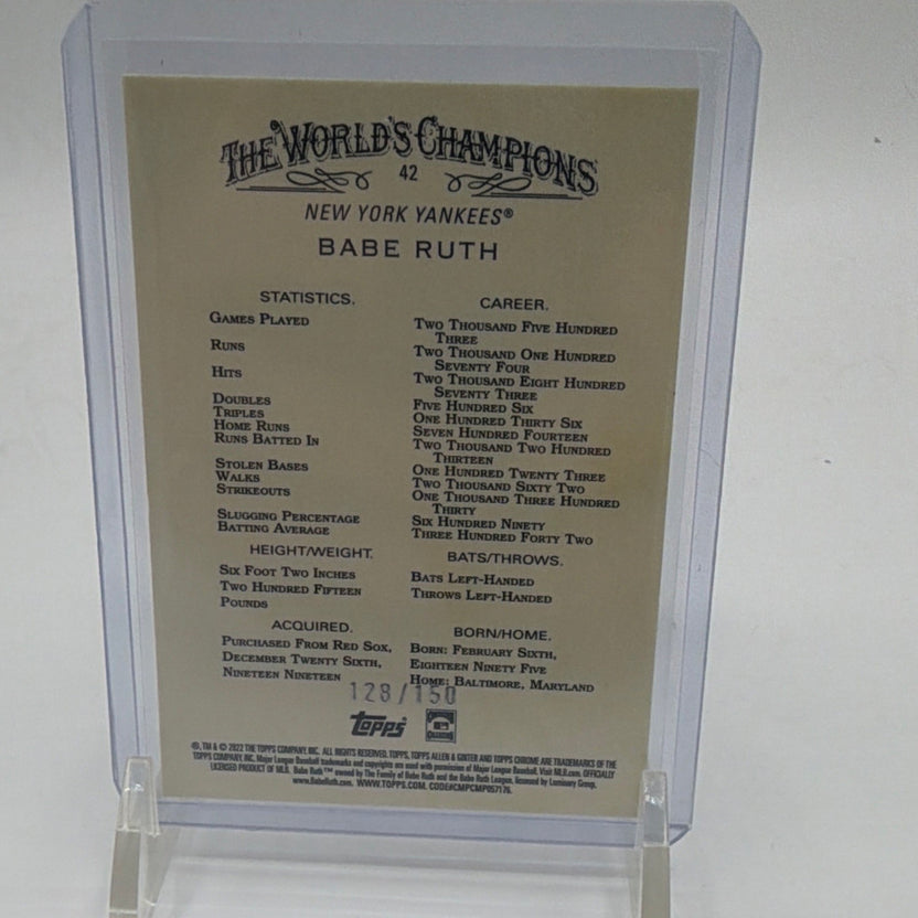 Back of 2022 Topps Allen & Ginter Chrome Babe Ruth Blue Refractor #42 numbered 128/150