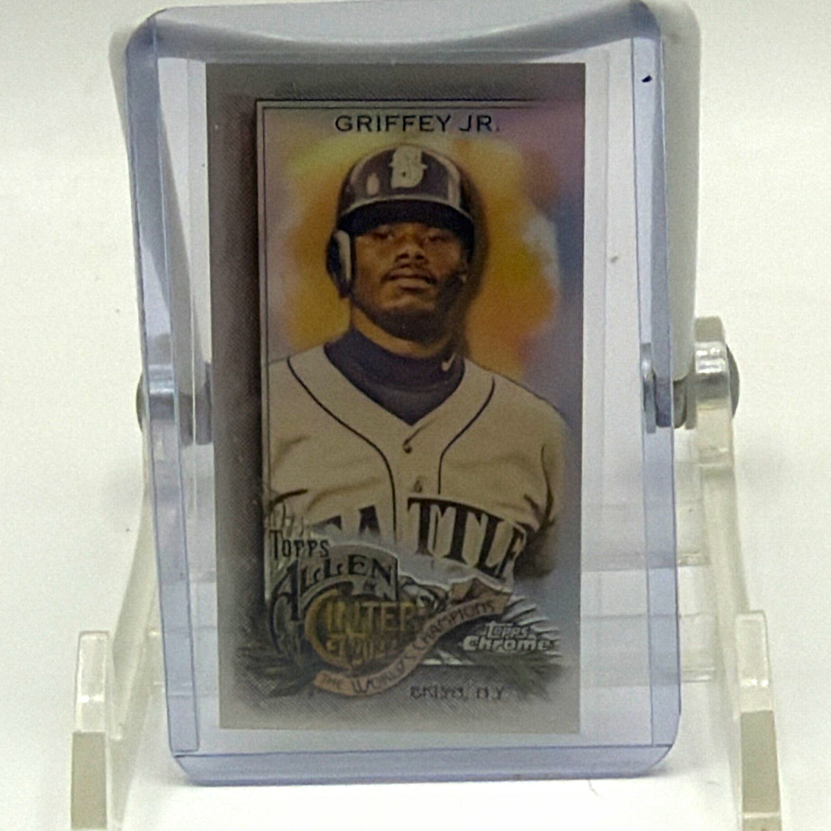 Front of 2022 Topps Allen & Ginter Chrome Ken Griffey Jr. #39 Mini Refractor baseball card featuring the Seattle Mariners legend