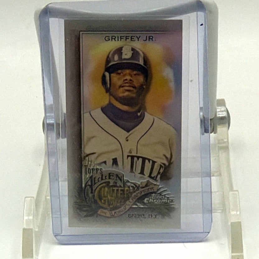 Front of 2022 Topps Allen & Ginter Chrome Ken Griffey Jr. #39 Mini Refractor baseball card featuring the Seattle Mariners legend