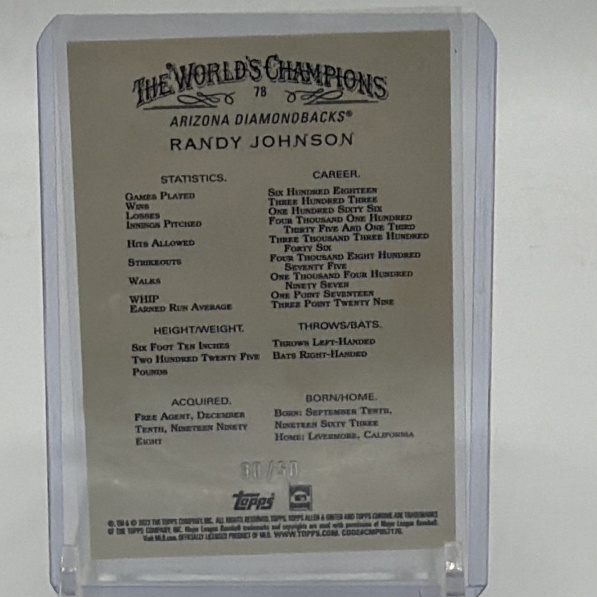Back of Randy Johnson 2022 Allen & Ginter Chrome Gold Refractor #78 numbered 30/50