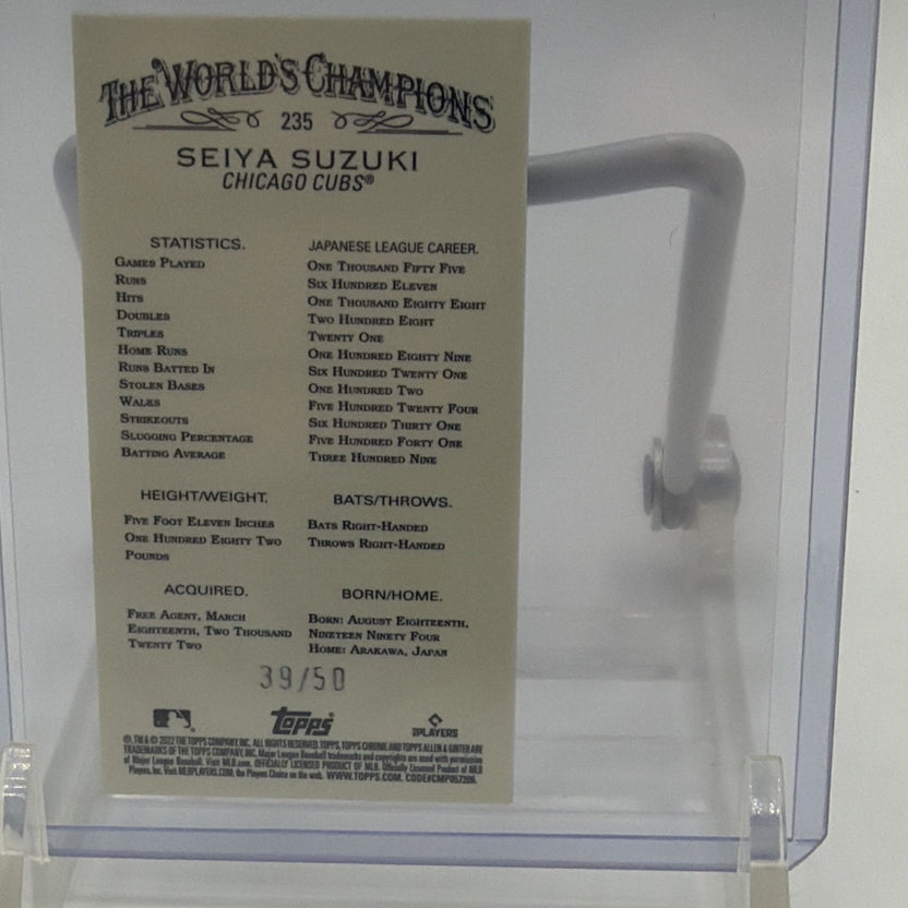 Back of 2022 Topps Allen & Ginter Chrome Seiya Suzuki rookie card #235