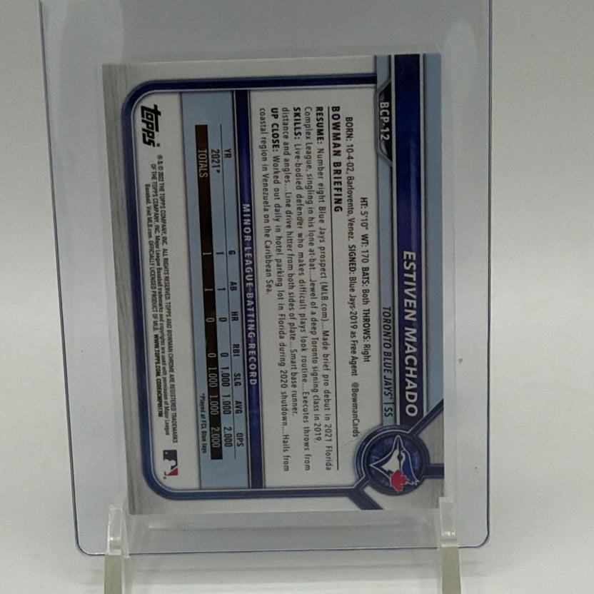 Reverse of 2022 Bowman Chrome Prospects Estiven Machado Green Refractor card with player information