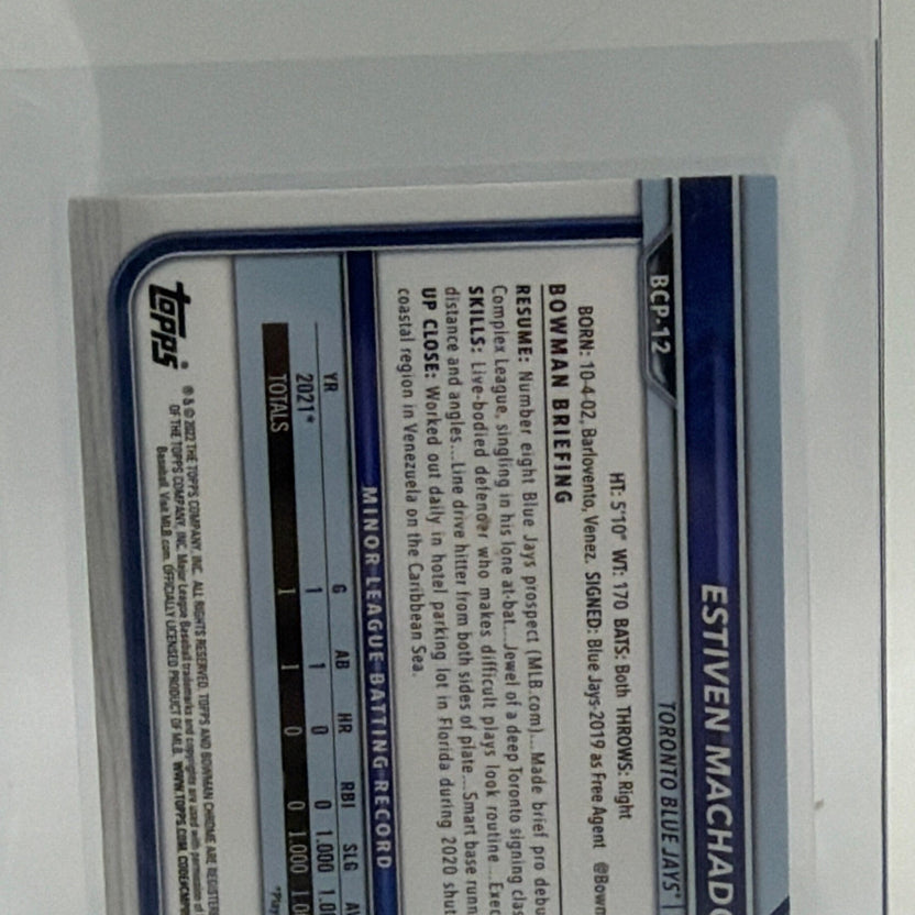 Close-up of player information and statistics on the reverse of Estiven Machado's 2022 Bowman Chrome card