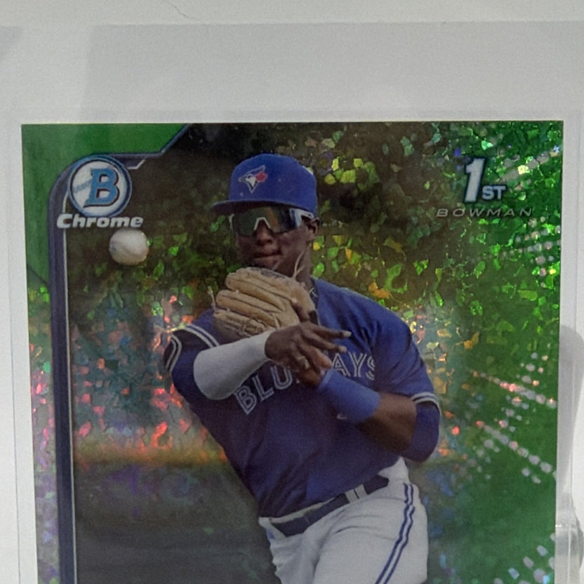 Alternate front photograph of Estiven Machado's 2022 Bowman Chrome Green Refractor numbered to 99