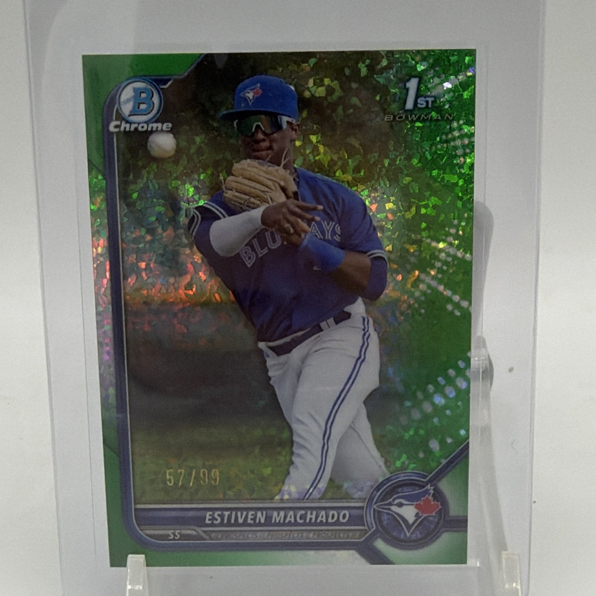 Angled view showing the green refractor finish on 2022 Bowman Chrome Estiven Machado #BCP-12