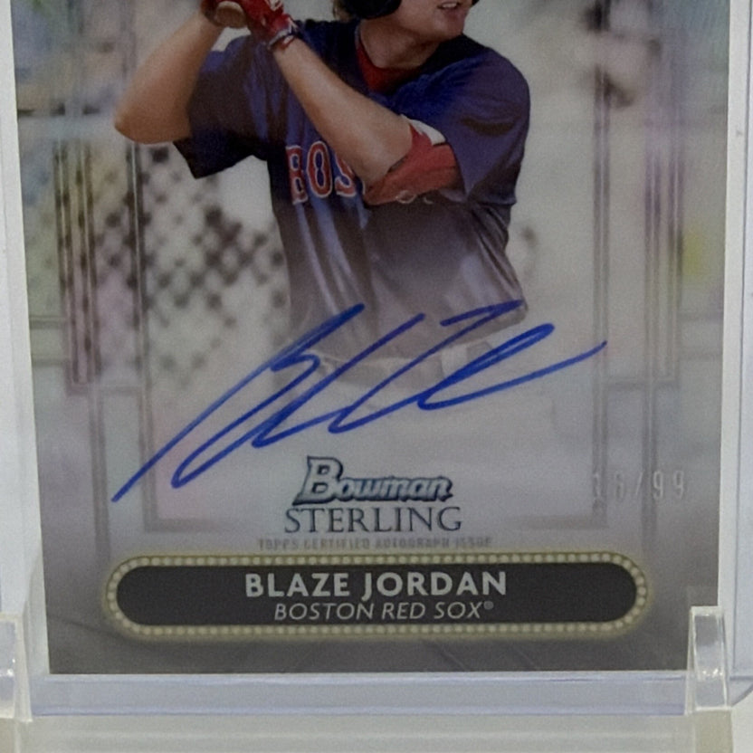 Close-up of blue-ink Blaze Jordan autograph on 2022 Bowman Sterling Signage baseball card