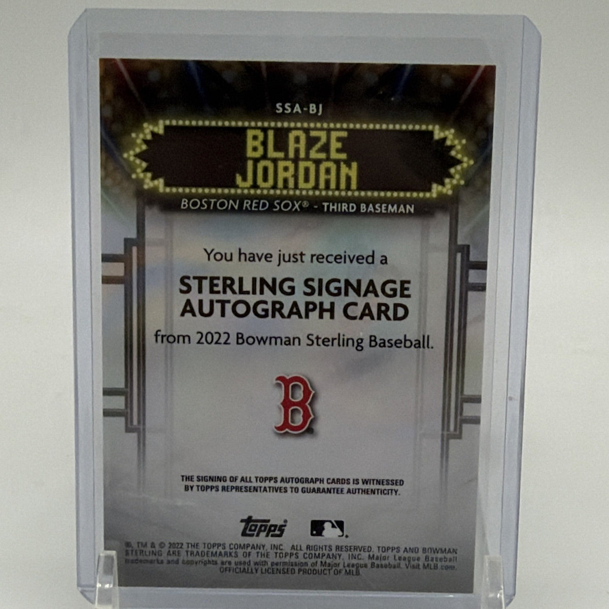 Reverse of 2022 Bowman Sterling Blaze Jordan Sterling Signage autograph card with player and set information