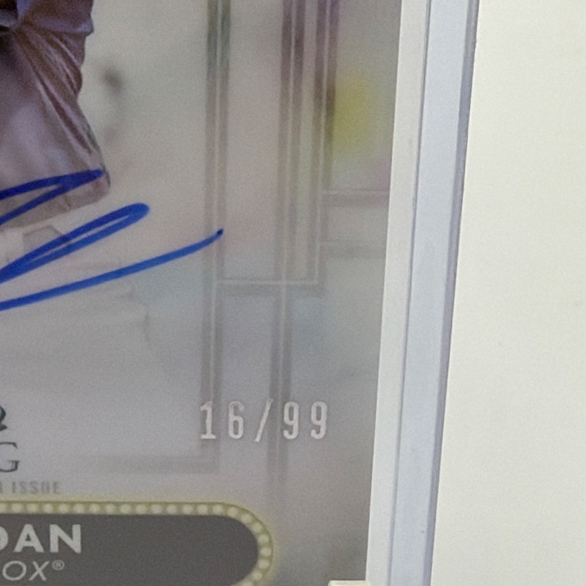Close-up of serial numbering 16/99 on Blaze Jordan Sterling Signage autograph card
