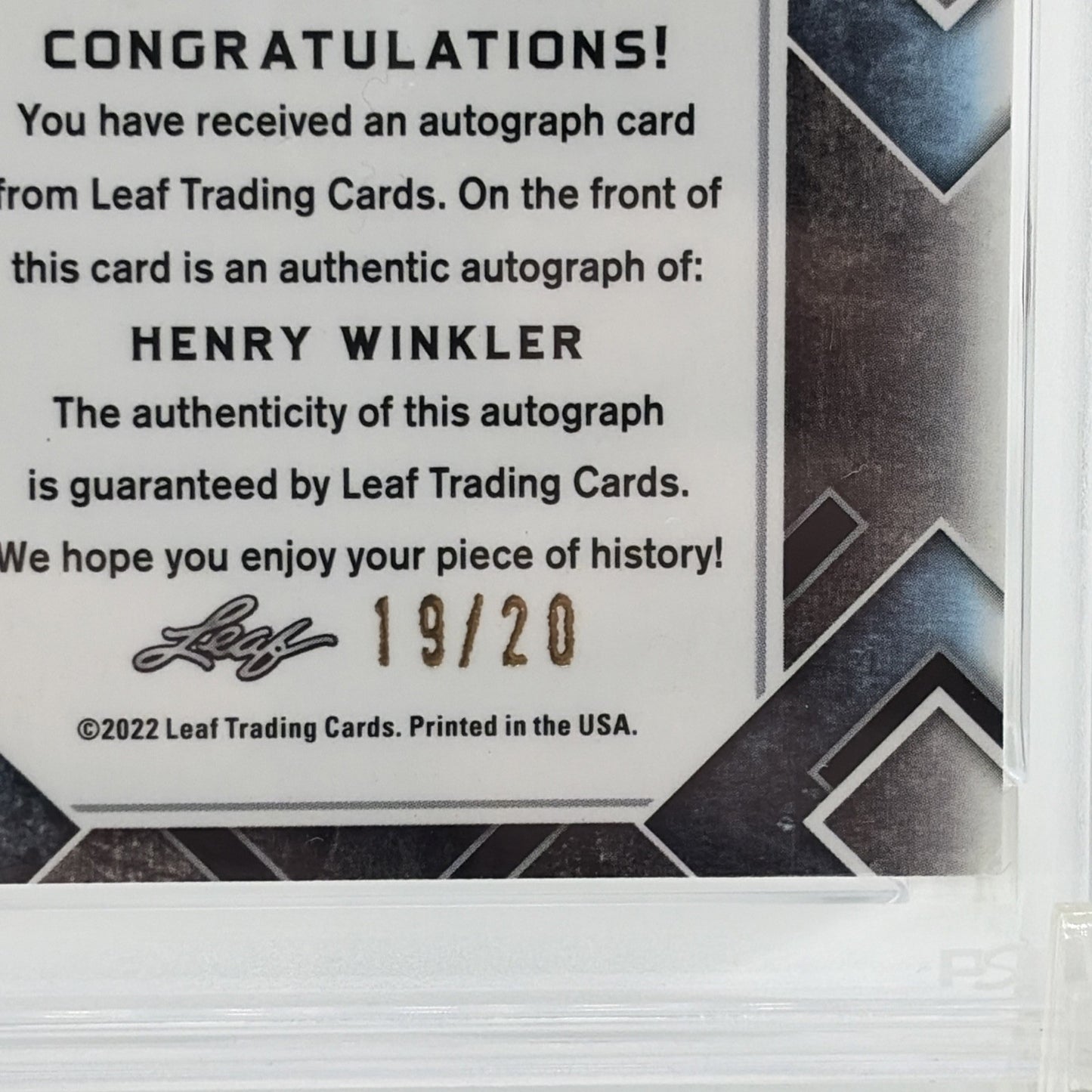 Back of the Henry Winkler 2022 Leaf Metal Pop Century autograph card showing authentic Leaf certification and serial number 19 of 20.