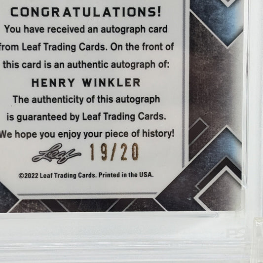 Back of the Henry Winkler 2022 Leaf Metal Pop Century autograph card showing authentic Leaf certification and serial number 19 of 20.