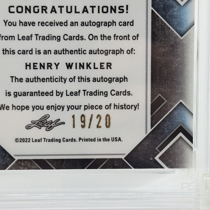 Back of the Henry Winkler 2022 Leaf Metal Pop Century autograph card showing authentic Leaf certification and serial number 19 of 20.