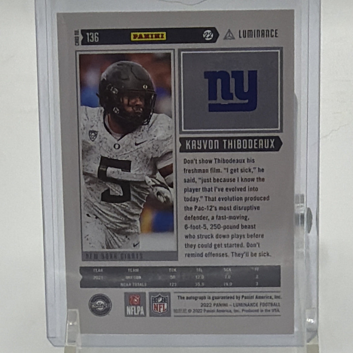 Back of Kayvon Thibodeaux 2022 Panini Luminance rookie autograph #136