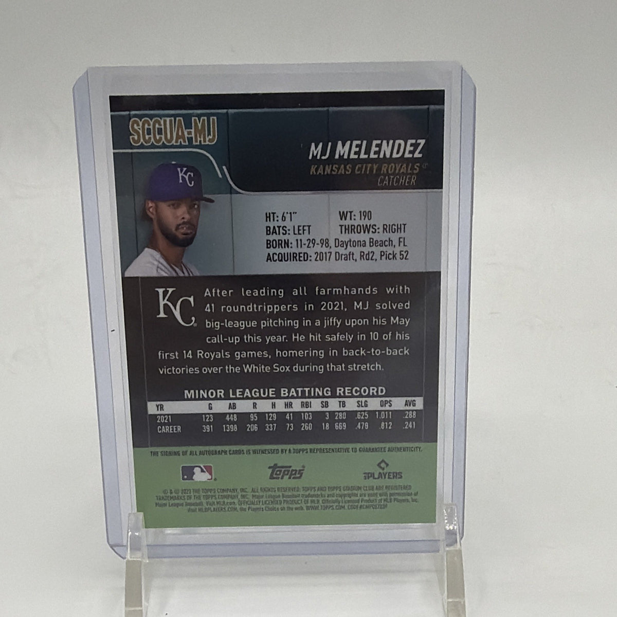 Detail of the back of MJ Melendez Stadium Club Chrome autograph #SCCUA-MJ