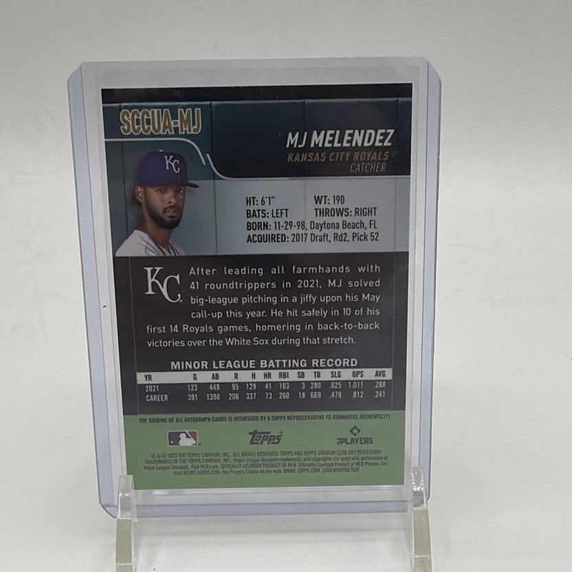Detail of the back of MJ Melendez Stadium Club Chrome autograph #SCCUA-MJ