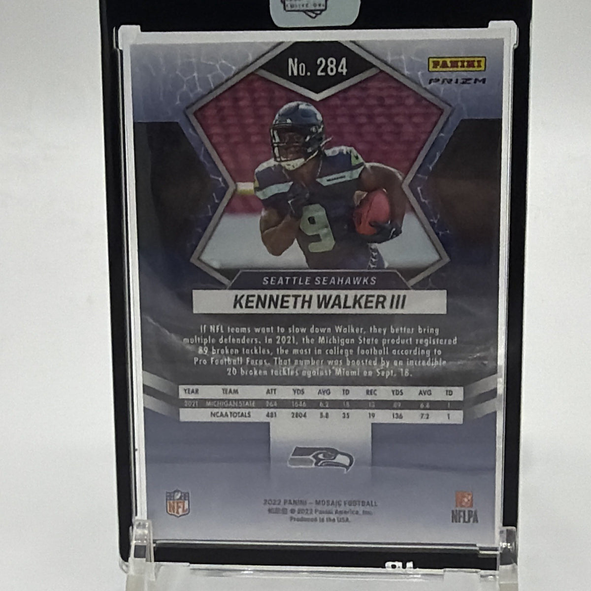 Back of 2022 Panini Mosaic Kenneth Walker III NFL Debut #284