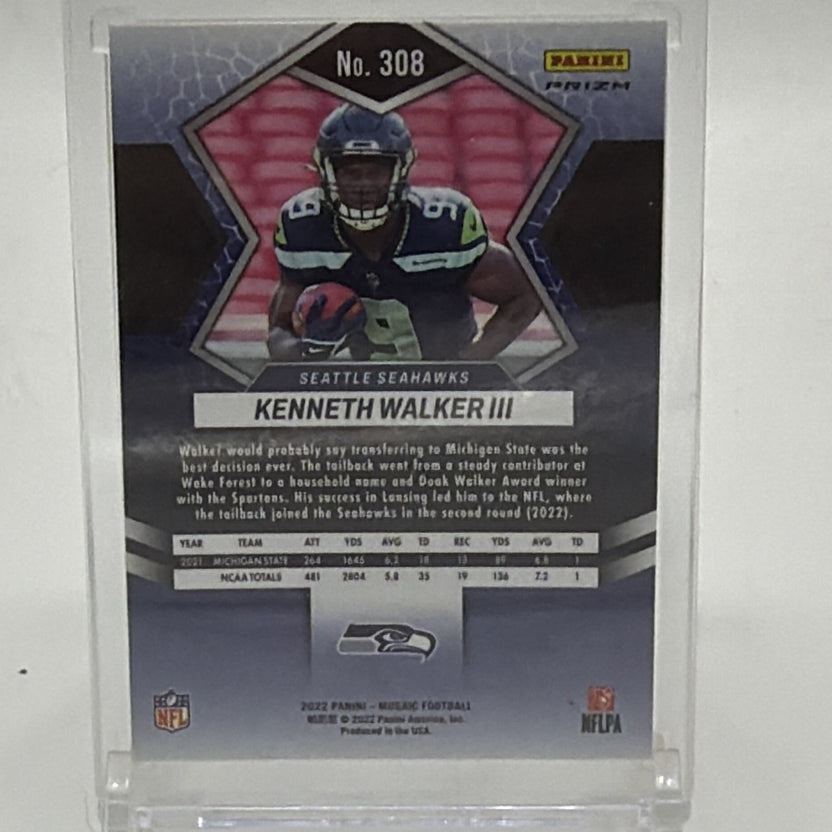 Back of 2022 Panini Mosaic Kenneth Walker III rookie card #308