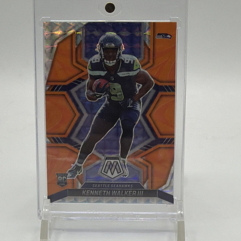 Front of 2022 Panini Mosaic Kenneth Walker III rookie #308 Reactive Orange Prizm