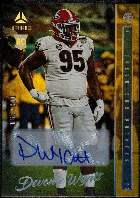 Full front view of Devonte Wyatt gold rookie autograph card featuring Georgia uniform and blue signature