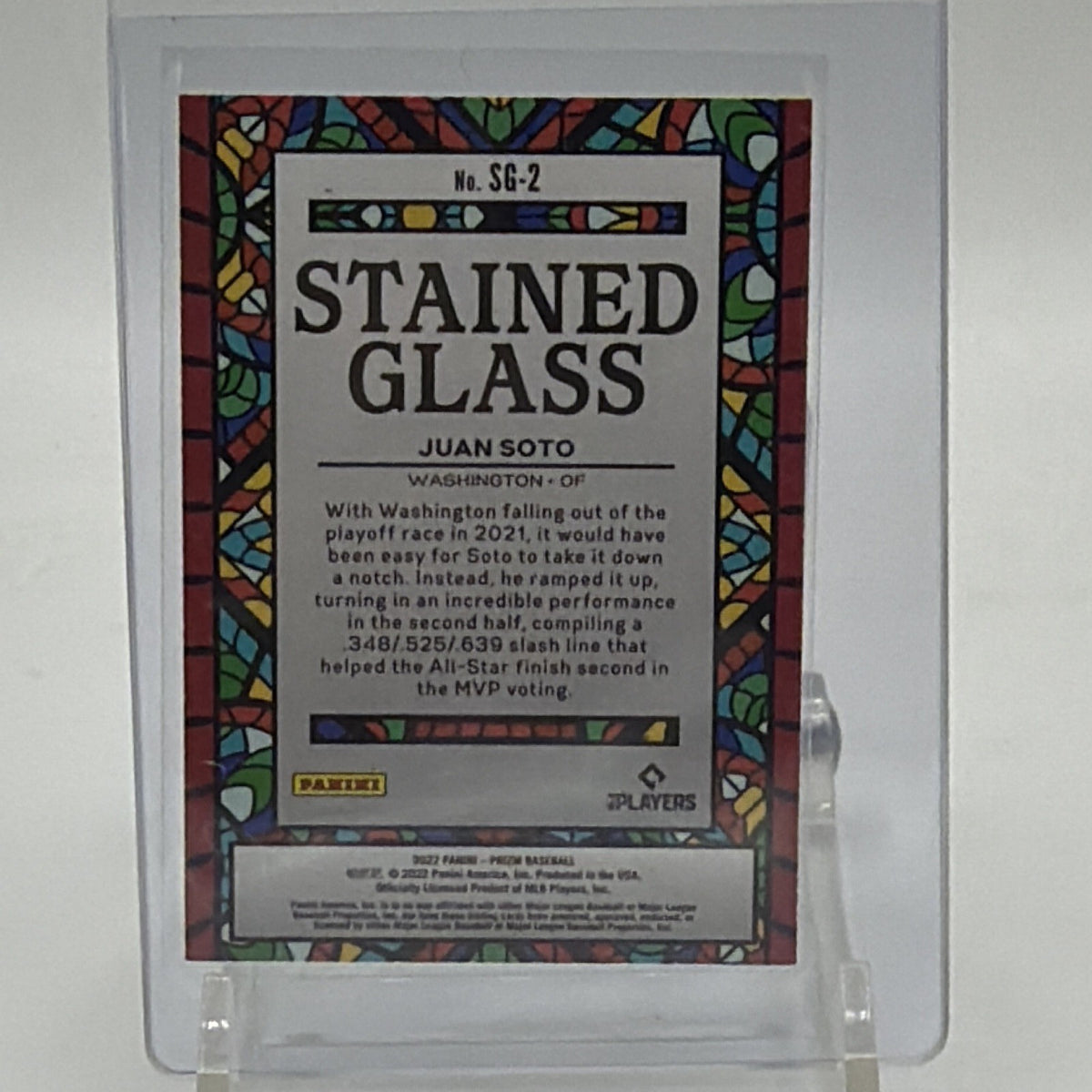 Back of 2022 Panini Prizm Juan Soto Stained Glass #SG-2