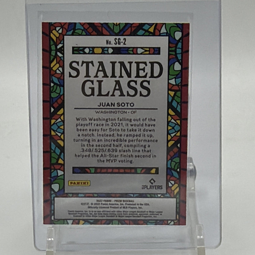 Back of 2022 Panini Prizm Juan Soto Stained Glass #SG-2