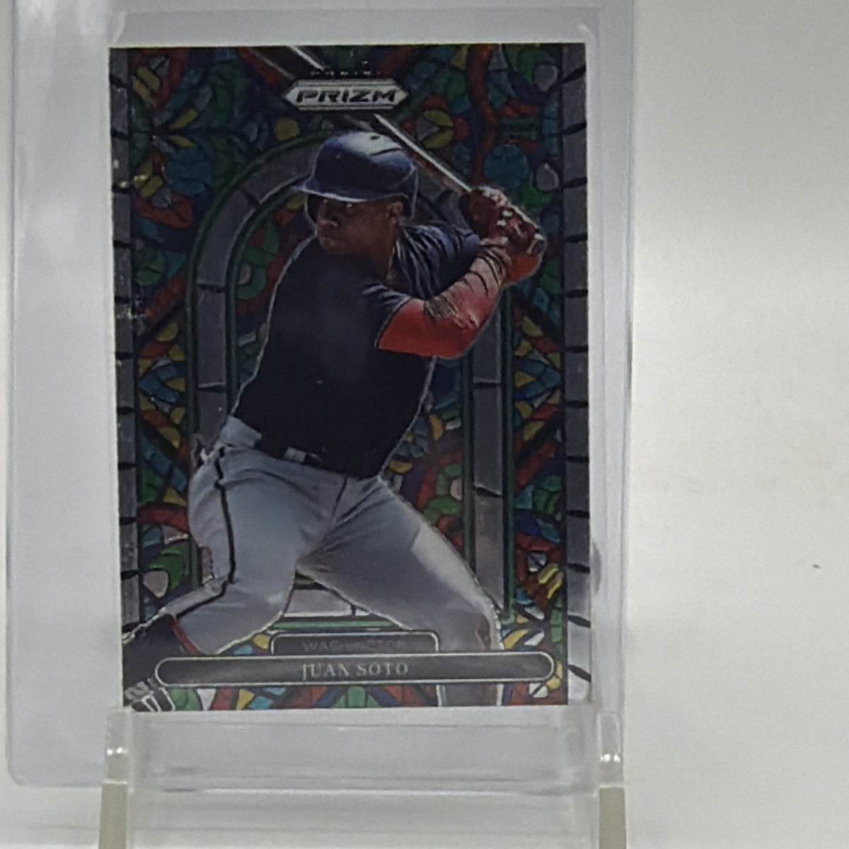 Front of 2022 Panini Prizm Juan Soto Stained Glass #SG-2 for the Washington Nationals