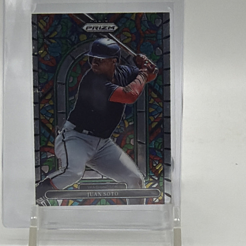 Front of 2022 Panini Prizm Juan Soto Stained Glass #SG-2 for the Washington Nationals
