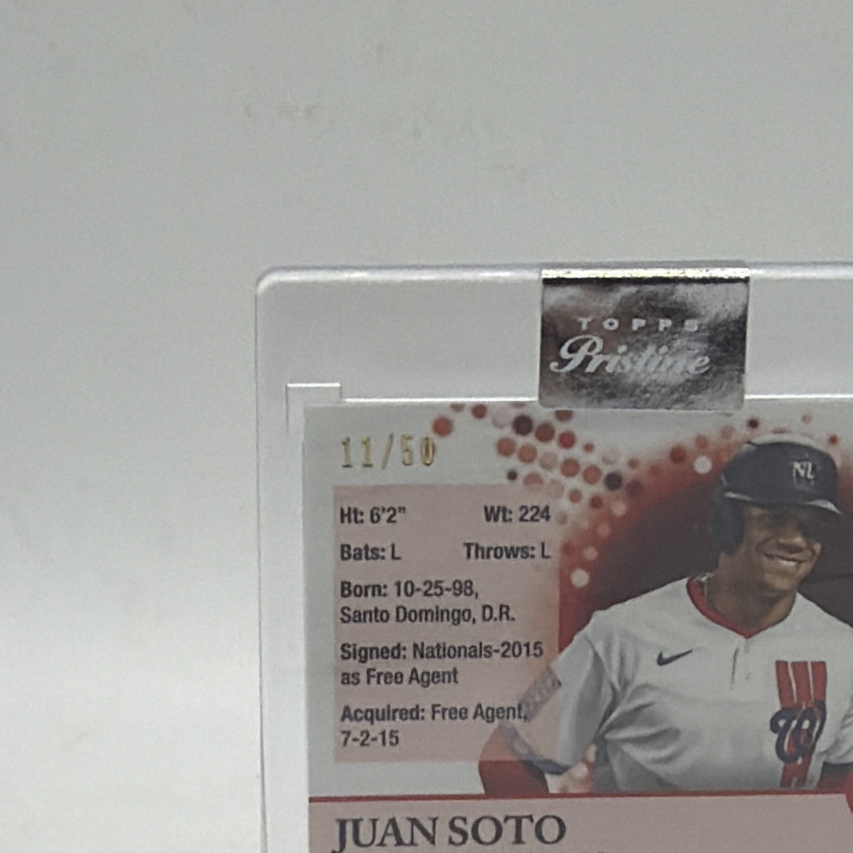 Detailed front view of Juan Soto 2022 Topps Pristine Gold Pristine Refractor numbered to 50