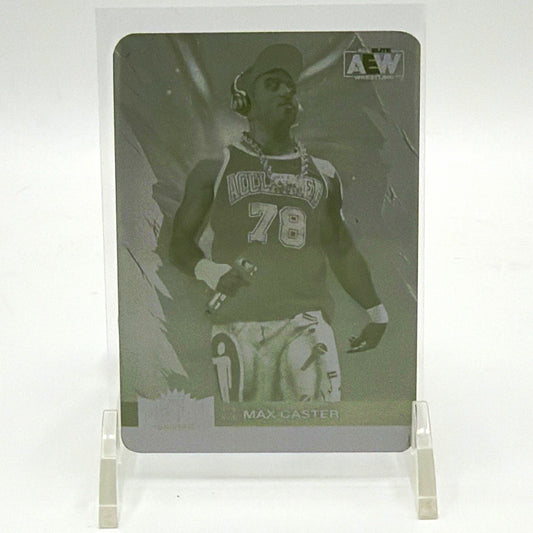 Front of Max Caster 2022 SkyBox Metal Universe AEW #44 Yellow Printing Plate one-of-one
