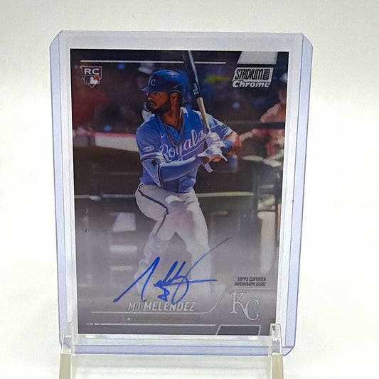 Front of 2022 Topps Stadium Club Chrome MJ Melendez rookie autograph #SCCUA-MJ