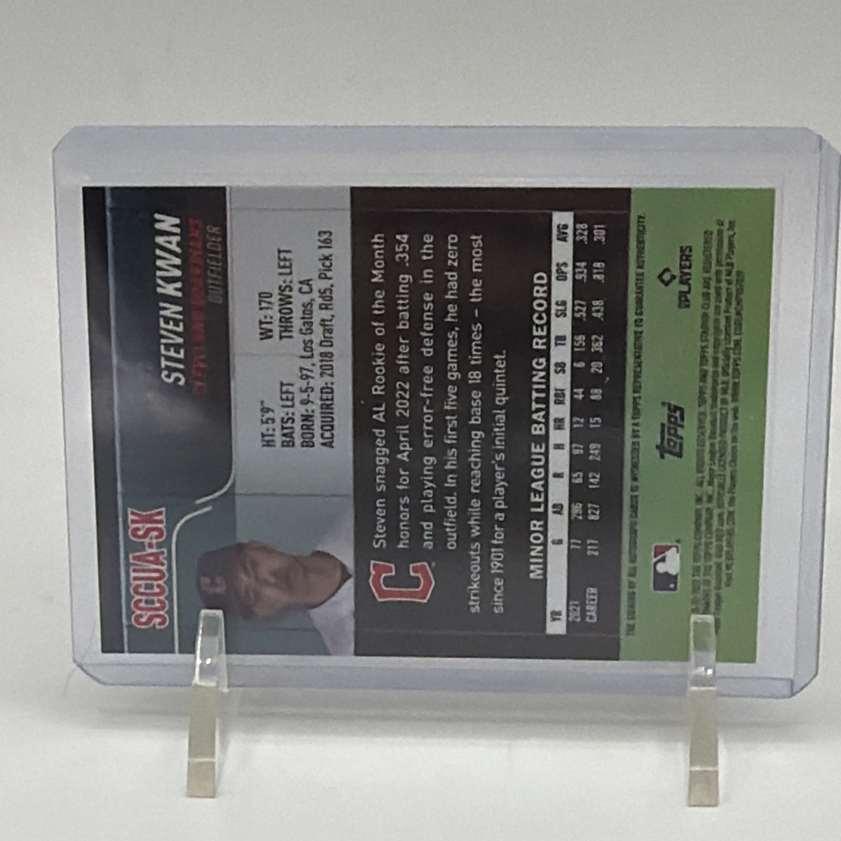 Back of 2022 Topps Stadium Club Chrome Steven Kwan autograph #SCCUA-SK
